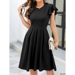 Kadın Kelebek Kollu Bisiklet Yakalı Pileli Ithal Krep Elbise - Siyah - 2XL - 3XL