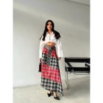 Kadın Kemerli Patchwork Ekose Maxi Etek