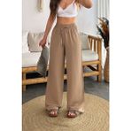 Kadın Keten Beli Lastik Bağlamalı Yüksek Bel Geniş Kesim Cepli Yazlık Pantolon - Kahverengi - 3XL
