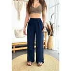 Kadın Keten Beli Lastik Bağlamalı Yüksek Bel Geniş Kesim Cepli Yazlık Pantolon - Lacivert - 3XL