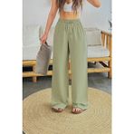 Kadın Keten Beli Lastik Bağlamalı Yüksek Bel Geniş Kesim Cepli Yazlık Pantolon - Yeşil - 2XL