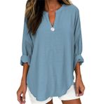 Kadın keten üst giyim büyük beden kadın tişörtü uzun kollu basic siyah bluz bol V yaka bol gündelik tunik, mavi, 4XL, Mavi, 4XL