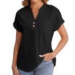 Kadın keten üst giyim, büyük beden, yazlık kadın tişörtü, kısa kollu, basic tişört, bluz, bol, V yaka, tunik, siyah, XXL, Siyah, XXL