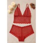 Kadın Kırmızı Dantel Bralet Şort Takımı – Tutkulu ve Çekici Iç Giyim - L - XL