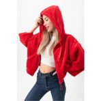Kadın Kırmızı Kapüşonlu Halka Fermuarlı Saten Kurdele Detaylı Yumuşak Dokulu Peluş Crop Mont Ceket