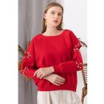 Kadın Kırmızı Kolu Kesik Inci Detaylı Sweatshirt