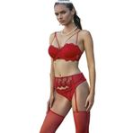 Kadın Kırmızı Push Up Destekli Sütyen Külot Jartiyerli Çorap Takım, 75B, B2491NT-19804IGP27190987