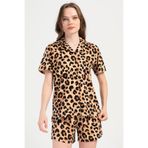 Kadın Kısa Kol Gömlek Yaka Önden Düğmeli Leopar Şortlu Pijama Takım C3T0N1O904 LEOPAR L