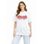 Kadın Kısa Kol Yazlık Tişört Bisiklet Yaka Baskılı Oversize T-Shirt - Beyaz