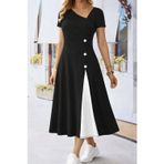 Kadın Kısa Kollu Asimetrik Yakalı Düğme Detaylı Midi Viskon Elbise - 2XL-3XL - Siyah