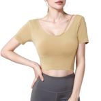 Kadın Kısa Kollu Egzersiz Gömleği Xxl Dahili Sütyen, Naylon Spandeks Esnek, Çapraz Askılı Ön, Açık Arka Tasarım, Koşu ve Yoga Seansları için Harika, Yellow, One Size