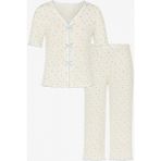 Kadın Kısa Kollu Fiyonklu Fitilli Pijama Takımı - Ekru - Mavi