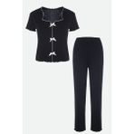 Kadın Kısa Kollu Fiyonklu Fitilli Pijama Takımı - Siyah - Beyaz - XL