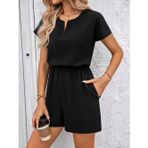 Kadın Kısa Kollu V Yakalı Beli Lastikli Kısa Ithal Krep Tulum - L-XL - Siyah