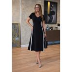 Kadın Kısa Kollu V Yakalı Yanları şerit Detaylı Viskon Iki Iplik Midi Elbise - 2XL-3XL - Siyah