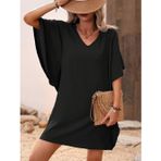 Kadın Kısa Kollu V Yakalı Yanları Volanlı Kısa Ithal Krep Elbise - 2XL-3XL - Siyah