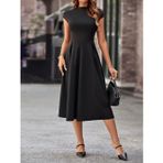 Kadın Kısa Yarım Ay Kollu Yarı Balıkçı Yaka Midi Janjan Krep Elbise - 2XL-3XL - Siyah