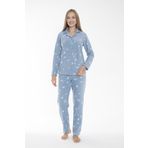 Kadın Kışlık Kar Desenli Önden Düğmeli Fitilli Polar Pijama Takımı Mavi