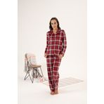 Kadın Kışlık Kareli Önden Düğmeli Kadife Pijama Takımı Kırmızı