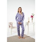 Kadın Kışlık Önden Düğmeli Çiçek Desenli Penye Lycra Pijama Takımı Mor - -