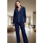 Kadın Kışlık Pamuklu Pijama Takımı Biyeli Desenli Rahat Ev Giyim Seti Günlük Kullanım İçin