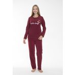 Kadın Kışlık Puantiyeli Fitilli Polar Pijama Takımı Bordo M