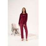 Kadın Kışlık Puantiyeli Kadife Pijama Takımı Bordo M
