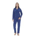 Kadın Kışlık Yıldız Desenli Önden Düğmeli Fitilli Polar Pijama Takımı Koyu Mavi M