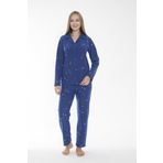 Kadın Kışlık Yıldız Desenli Önden Düğmeli Fitilli Polar Pijama Takımı Koyu Mavi XL