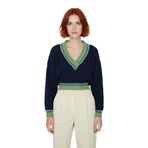 Kadın Kolej Temalı V Yaka Akrilik Oversize Triko Kazak Rahat Düşük Kol Crop Kış Stili. Kaliteli -Lacivert-M