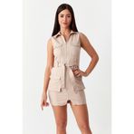 Kadın Kolsuz Fermuarlı Kuşaklı Mini Elbise Bej 44