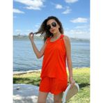 Kadın Kolsuz V Yaka Kuş Gözü Detay Bluz Short Aerobin Ikili Takım - Turuncu - 2XL - 3XL