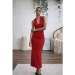 Kadın Kolsuz V Yakalı Uzun Triko Elbise - 2XL-3XL - Kırmızı