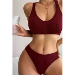 Kadın Kombin Şıklığı Bordo Desteksiz Seamless Tangalı İç Çamaşır I Takım
