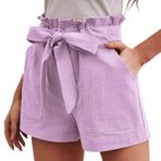 Kadın koşu pantolonu yazlık kısa pantolon moda bol günlük pantolon fırfırlı kumaş pantolon iş pantolonu hafif rahat şort pamuklu pantolon şık spor pantolonu antrenman pantolonu lastikli, Lila-a, S