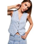 Kadın Kot Rengi 3s5-3 Çiçek Nakışlı Önü Düğmeli Sıfır Kol Tasarım Denim Yelek Kot Rengi 34