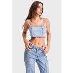 Kadın Kot Rengi Parlak Taşlı Askılı Özel Tasarım Denim Büstiyer Kot Renk S
