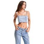 Kadın Kot Rengi Parlak Taşlı Askılı Özel Tasarım Denim Büstiyer Kot Renk XS