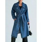 Kadın Kruvaze Yaka Denim Trençkot Mavi