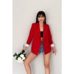 Kadın Kruvaze Yaka Düğmesiz Cepli Çizgi Desenli Astarlı Katlanabilir Kol Blazer Ceket - Kırmızı - 42 - Regular Fit