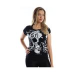 Kadın Kuru Kafa Baskılı Geniş Yakalı T-shirt Siyah