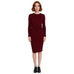 Kadın Kuşaklı Bodycon Triko Midi Elbise Bisiklet Yaka Uzun Standart Kollu Şık İlkbahar Sonbahar-Bordo-S