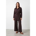 Kadın Kuşaklı Gömlek Yaka Tunik Pantolon Takım – 14468TKS - BROWN