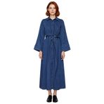 Kadın Kuşaklı Maxi Boy%100 Pamuk Denim Gömlek Elbise Uzun Melek Kol Yaka Casual Stil-Koyu Mavi-38