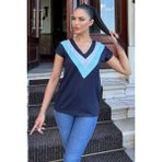 Kadın Laci V Yaka, Kısa Kol, Color Block Detaylı, Terletmez Dokulu Kumaş, Salaş Bluz, Tshirt - 40 - Lacivert
