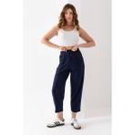 Kadın Lacivert Beli Lastikli Modal Kumaş Çımalı Bilek Pantolon Yumuşak Dokulu Şık Bağcıklı Pantolon - XL