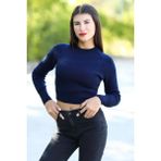 Kadın Lacivert Fitilli Crop Triko Kazak Kısa Model Akrilik Kumaş Ribanalı - 3122 - Standart