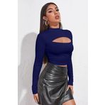 Kadın Lacivert Göğüs Dekolteli Uzun Kollu Cut Out Crop Top Bluz