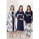 Kadın Lacivert Kareli Uzun Kollu Sabahlıklı Gecelik Pijama Takımı 4'lü Set, 2XL, Effortt8086-19804IGP27168168