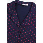 Kadın Lacivert Kırmızı Kalpli Desenli Pamuklu Düğmeli Pijama Takımı Çok Renkli S